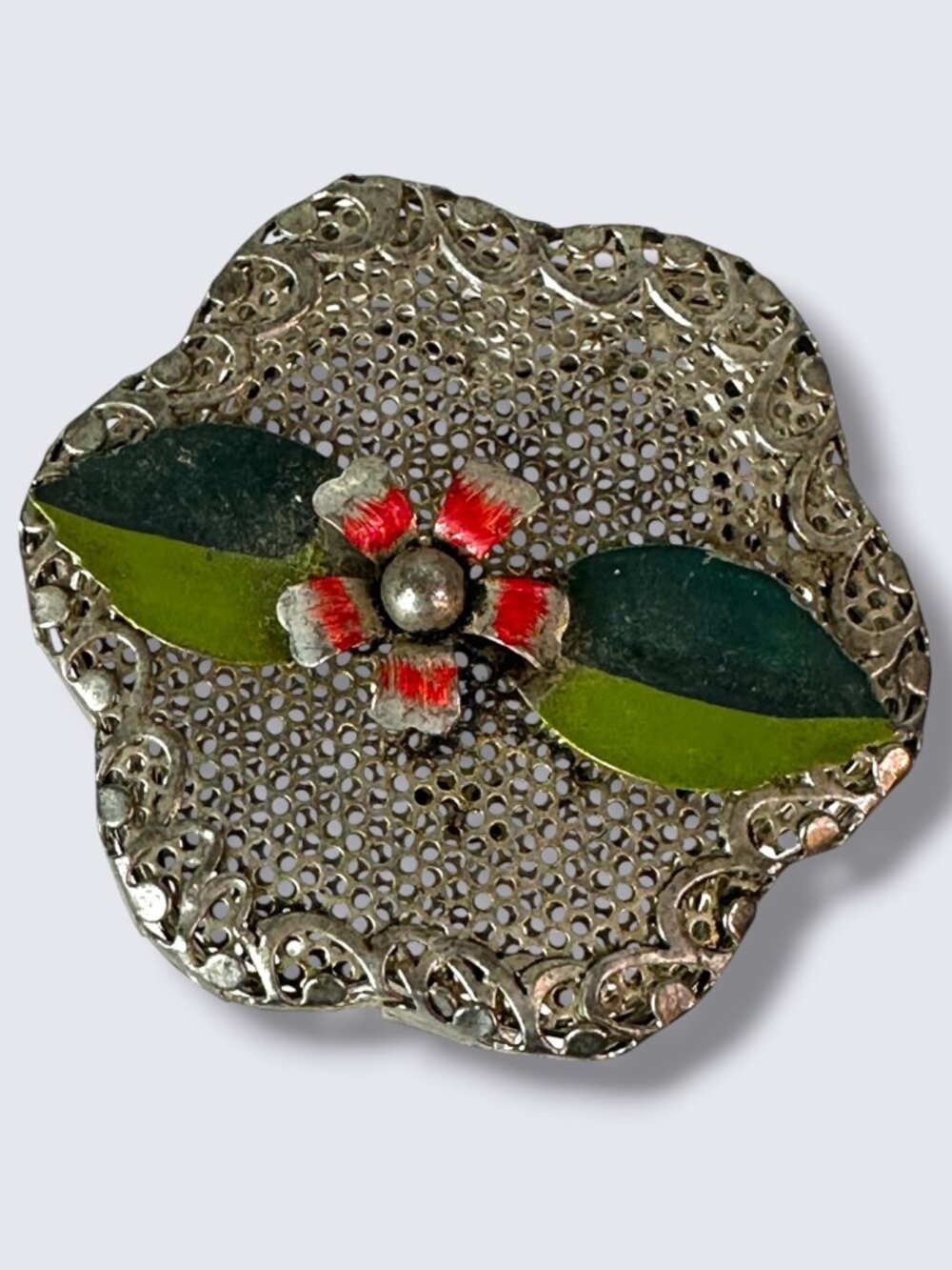 Vintage Handcrafted Silver-Tone Flower Trinket Box With Filigree Design And Enam
